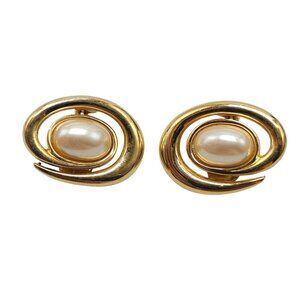 Vintage Monet Gold Tone Swirl Clip On Earrings With Faux Pearl Center